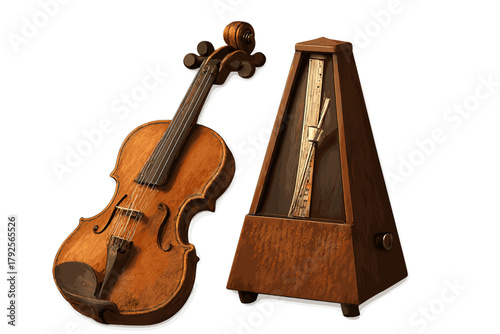 Detailed wooden violin and classic pyramid metronome symbolizing classical music and practice