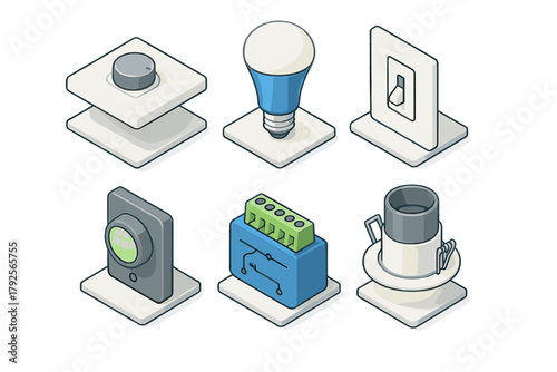 Isometric smart home and electrical components set featuring light bulb, dimmer switch, relay module, and recessed lighting