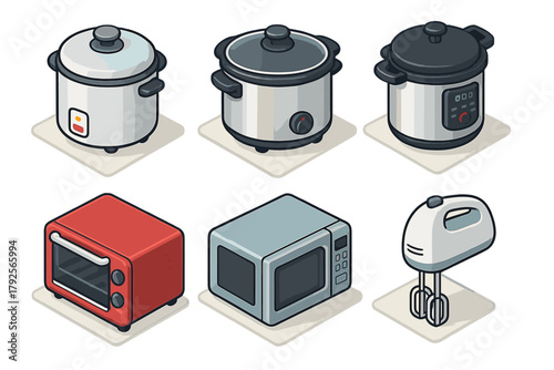 Isometric set of essential household cooking and baking appliances for modern kitchen design
