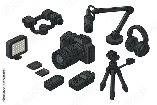 Professional photography and videography equipment setup with camera, microphone, and tripod