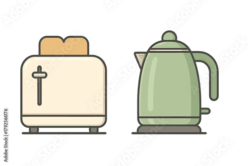 Retro toaster and green electric kettle household breakfast appliances