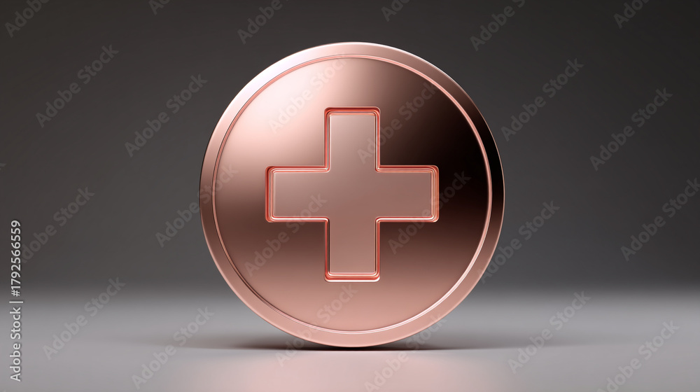 Fototapeta premium Close up of a shiny copper coin with a raised cross in the center on grey