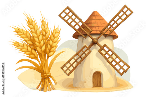 Traditional stone windmill standing next to a large bundle of ripe golden wheat ears on a sunny day