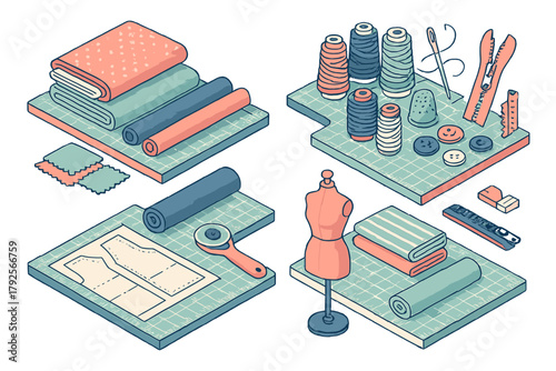 Isometric collection of sewing and tailoring supplies including fabric, thread, buttons, and tools