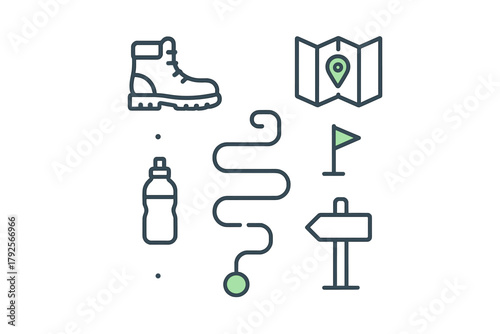 Set of outline symbols for outdoor adventure navigation and trekking equipment