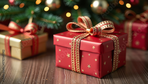 Red gift box with snowflakes and ribbon surrounded by ornaments and pine branches, cozy