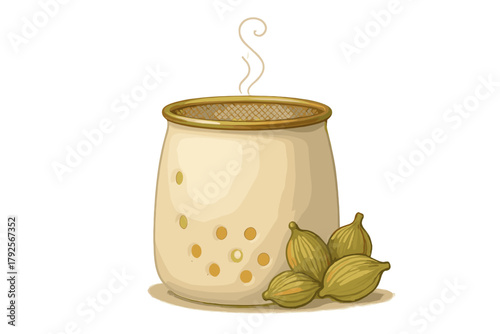Cozy home fragrance oil burner with steam and fresh green cardamom spice pods