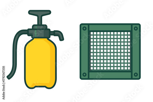 Handheld yellow pump sprayer and protective mesh screen for gardening equipment