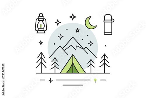 Foto Nighttime camping adventure with a tent, mountains, forest trees, moon, and star