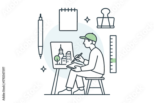 Designer sketching architectural cityscape plan on an easel with various drawing equipment