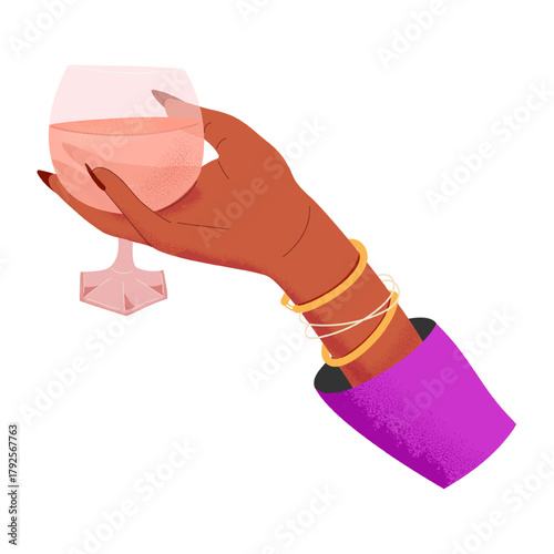 Vector illustration of a dark-skinned woman's hand holding a pink cocktail glass. Gold and silver bracelets on the wrist. Isolated.