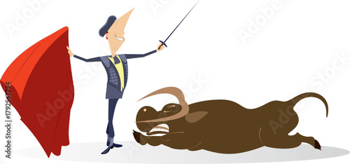 Successful bullfighting. Cartoon bullfighter and bull.