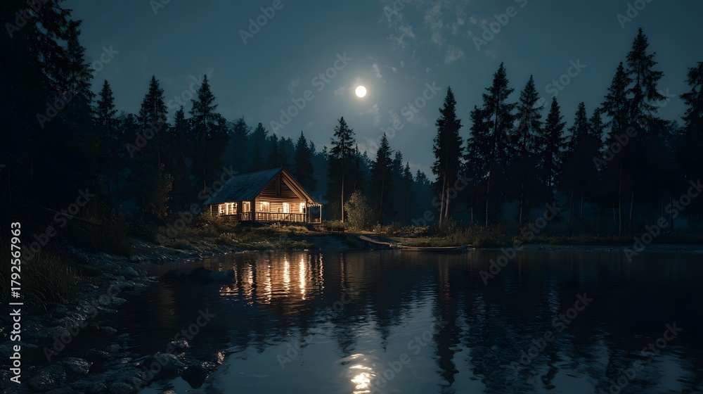 Fototapeta premium Cabin glows by lake at night under a full moon surrounded by tall trees in a dark and quiet forest