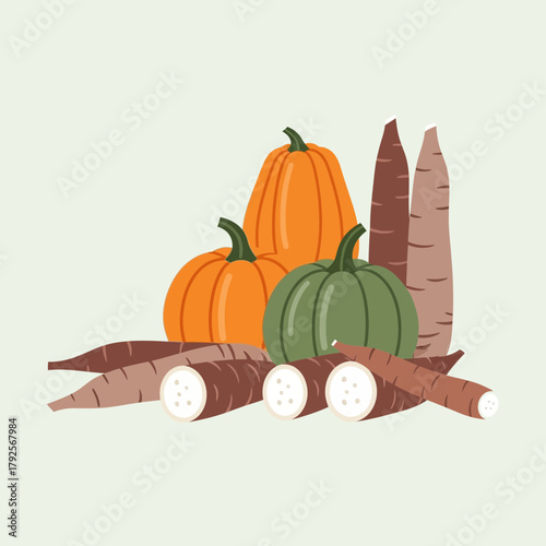 Assortment of Fresh Pumpkins and Cassava Roots Still Life Composition