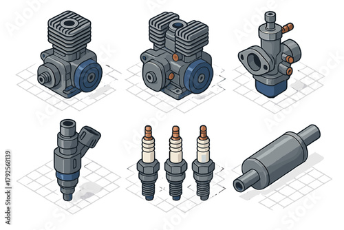 Isometric set of small engine components: motor, carburetor, fuel injector, spark plugs, and fuel filter