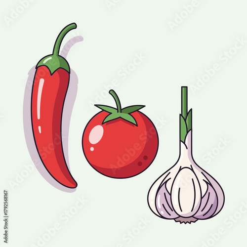 Fresh garden vegetables including tomato, pepper and garlic vector graphic