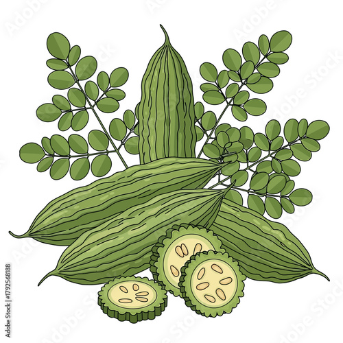 Hand-Drawn Bitter Melon and Moringa Branch Illustration for Creative Projects