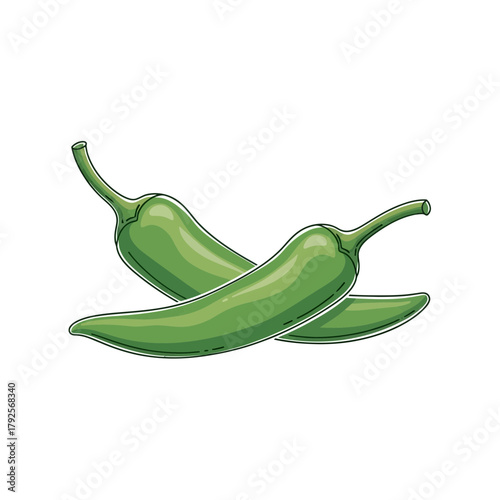 Illustrative depiction of a pair of vibrant green chili peppers on white