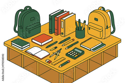 Isometric arrangement of school supplies, textbooks, backpacks, and stationery items on a table