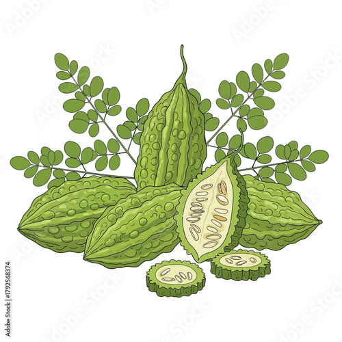Illustration showcasing bitter melons with leaves isolated on a white background