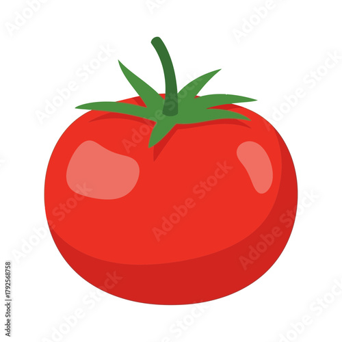 Vibrant isometric tomato illustration with fresh green stem and leaves