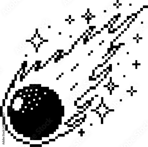 Pixel art meteor blazing through night sky with trailing flames and sparkling stars, retro arcade cosmic scene