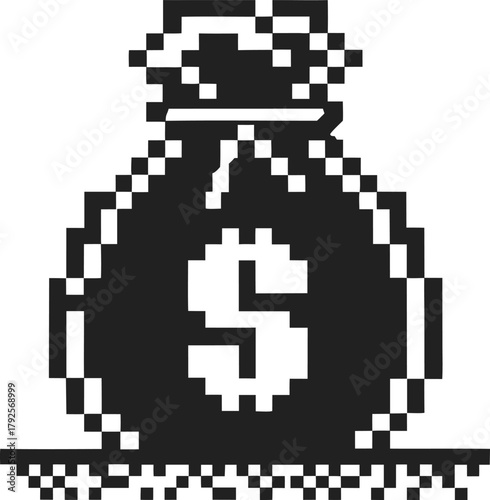 Pixel art money bag with dollar symbol retro black and white icon, financial wealth, investment or savings concept