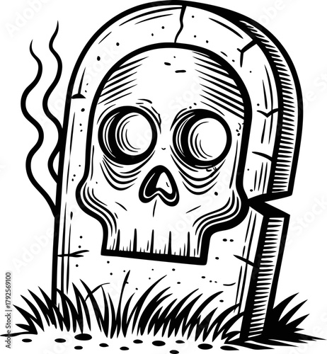 Gravestone with skull engraving, overgrown grass and cracks, halloween spooky graveyard element, black and white illustration