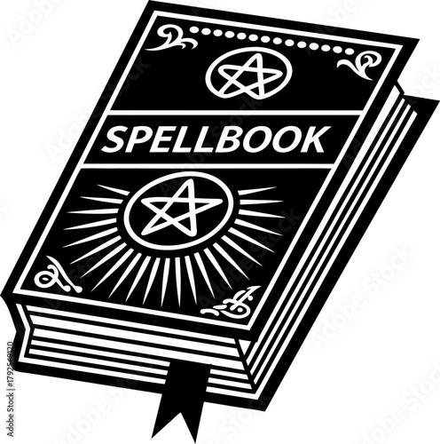 Witchcraft spellbook with pentagram symbol, mystical occult magic book illustration, esoteric ritual guidance