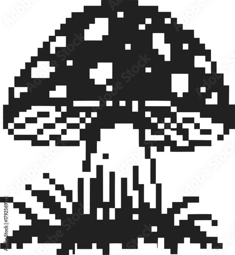 Pixel art mushroom illustration black and white fungal icon with digital retro 8 bit style, grass element, simple graphic design