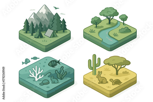 Isometric icons depicting four natural biomes: mountain forest, river landscape, underwater reef, and desert