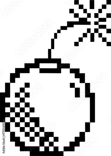 Pixel art bomb illustration with fuse retro digital explosive cartoon, minimal black and white 8 bit game icon