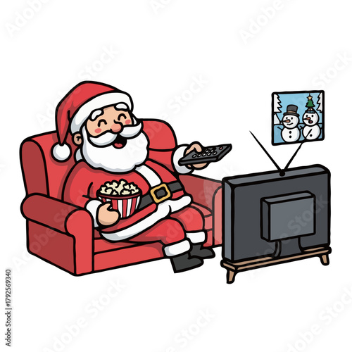 Santa Claus Watching TV with Popcorn: Holiday Cartoon, Christmas Relaxation, Festive Season Illustration