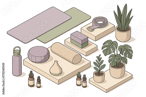 Isometric view of yoga and meditation equipment with essential oils and potted plants