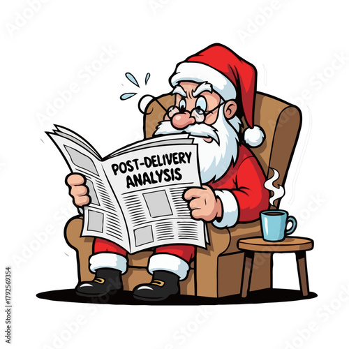 Grumpy Santa Reading Post-Delivery Analysis Newspaper - Cartoon Illustration of Disappointed Santa Claus After Christmas, Holiday Disappointment, Funny Xmas Character