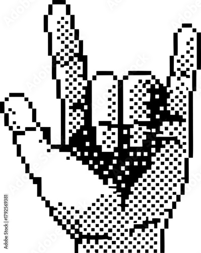 Pixel art hand gesture showing sign of love and rock, retro digital illustration, monochrome dot pattern