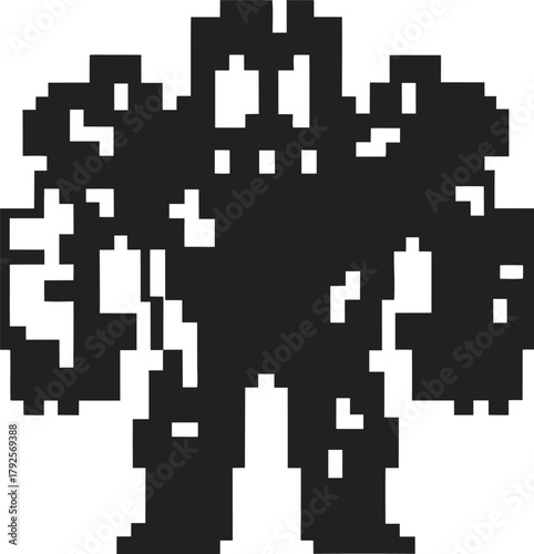 Pixel art robot character silhouette retro 8 bit game style, futuristic mechanical figure, vintage sci fi illustration