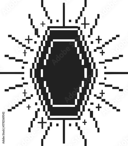 Pixel art black coffin icon with radiating lines and sparkling stars retro death, funeral, and gothic symbol on white