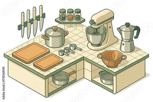 Essential kitchen appliances and utensils arranged on a tiled countertop in isometric perspective