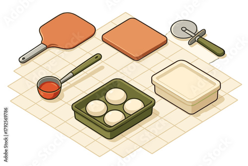 Isometric arrangement of pizza ingredients and kitchen tools on a tiled surface