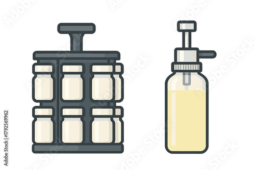 Set of kitchen essentials including a rotating spice rack and a cooking oil pump dispenser bottle