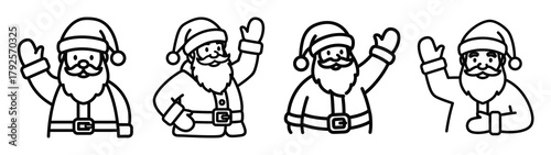 santa waving line art icon set. Christmas outline Vector illustration icons.
