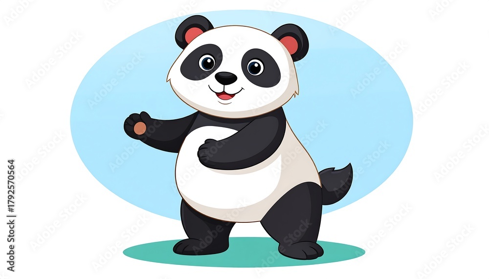 Naklejka premium Cartoon illustration of a smiling panda standing against a pale blue oval background, waving its hand