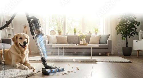 Golden retriever watching as cordless vacuum cleaner picks up dirt and pet hair on hardwood floor in bright living room with dog