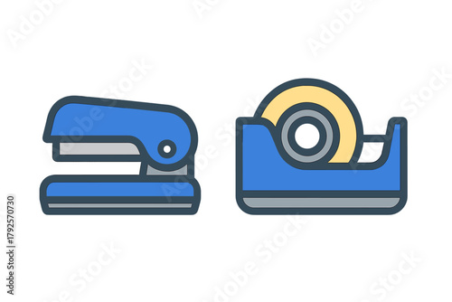 Blue stapler and tape dispenser set of and school stationery supplies