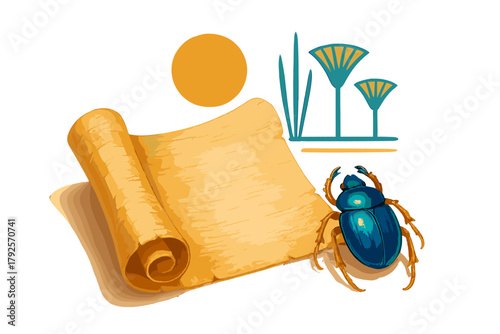 Ancient Egyptian symbols with scarab beetle, papyrus scroll, and stylized lotus flowers