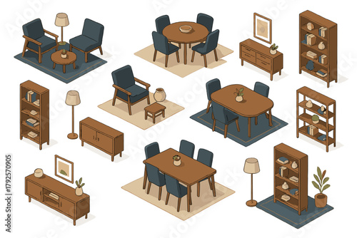 Isometric furniture collection for living room and dining room interior design