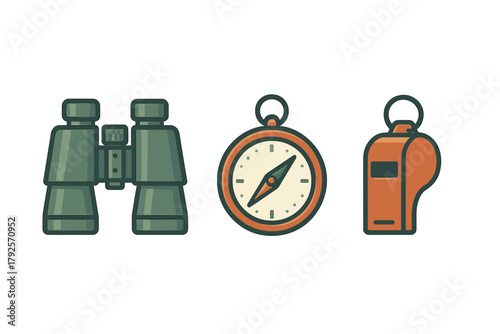 Essential outdoor adventure gear including binoculars, navigation compass, and safety whistle