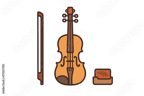 Classic wooden violin musical instrument set with bow and rosin block for string performance