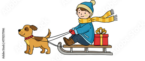 Child riding sled pulled by dog with gift box, vector illustration for winter fun, holiday joy, and seasonal adventure concept
